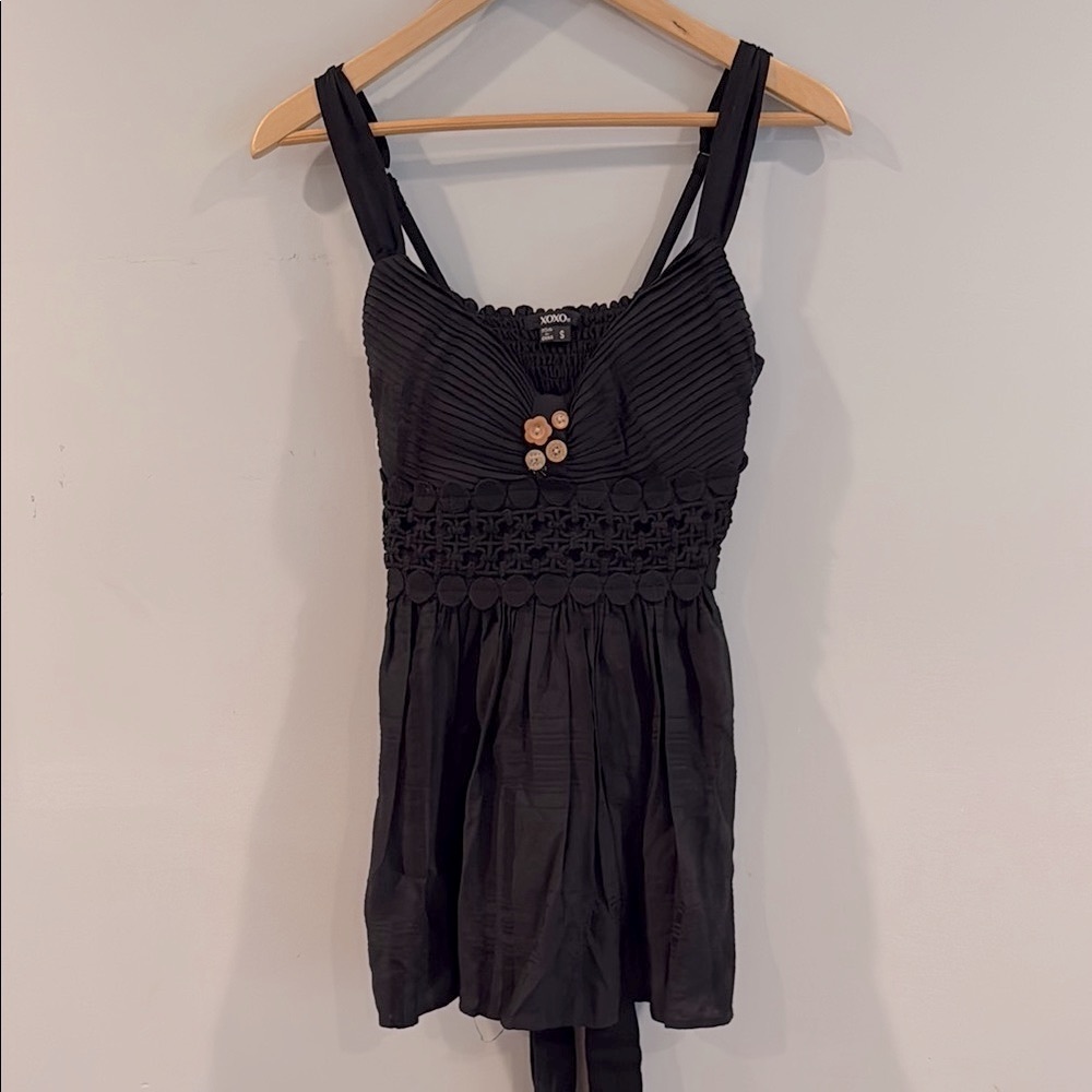 XOXO Black Pleated Tank Top with Button Detail